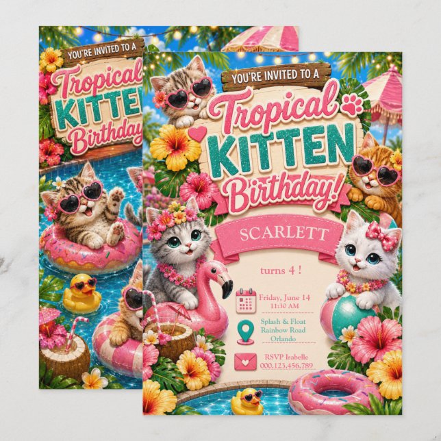 Tropisk Kattunge Födelsedag - Poolparty Inbjudningar (Fram/baksida)