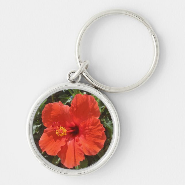 Tropisk keychain för röd hibiskusblomma rund silverfärgad nyckelring (Framsidan)