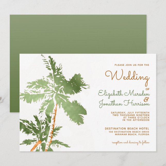 Tropisk koppar Handflatan Träd Elegant Beach Weddi Inbjudningar (Fram/baksida)