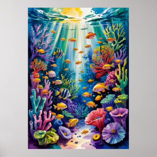 Tropisk korallrev Vattenfärg Marinlivskonst Poster