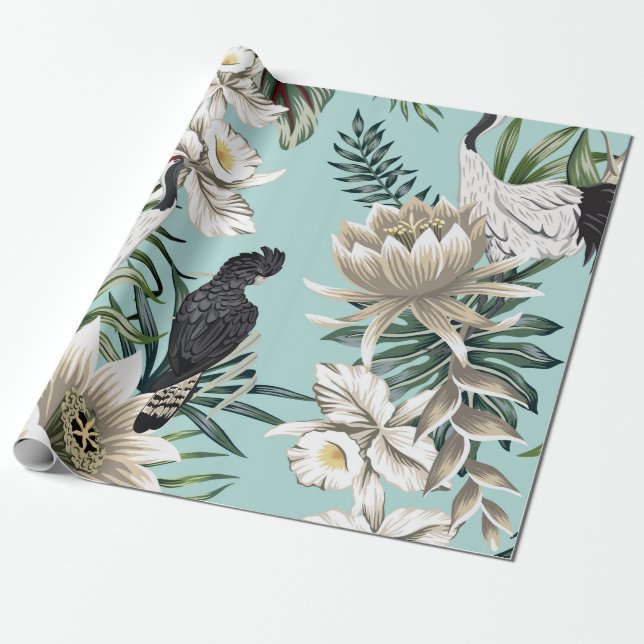 Tropisk kranfågel, papegoja, lotus flowe presentpapper (Utrullad)