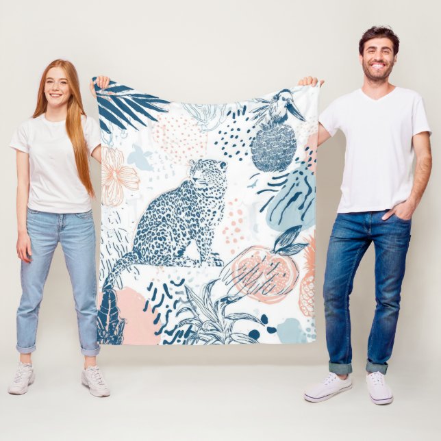 Tropisk Leopard Blå Persika Abstrakt Fleecefilt (På plats)