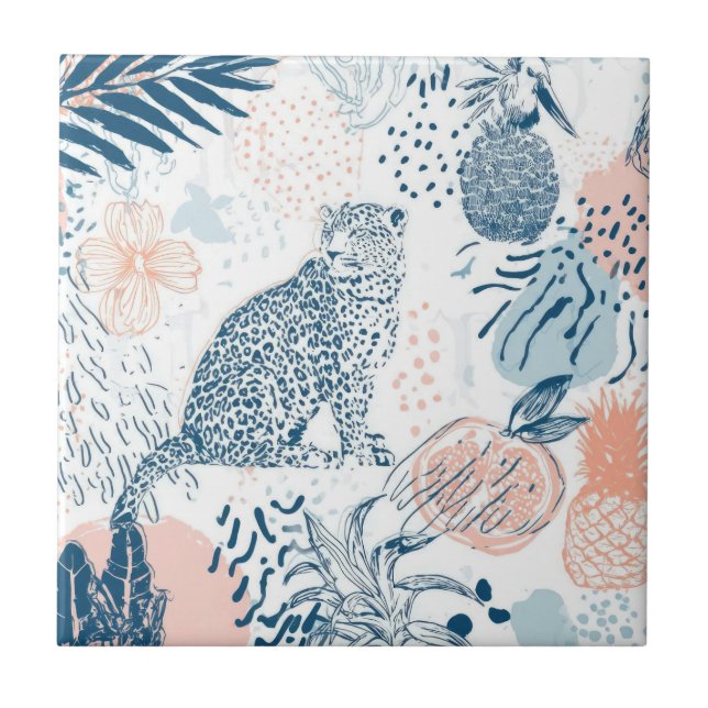 Tropisk Leopard Blå Persika Abstrakt Kakelplatta (Framsidan)