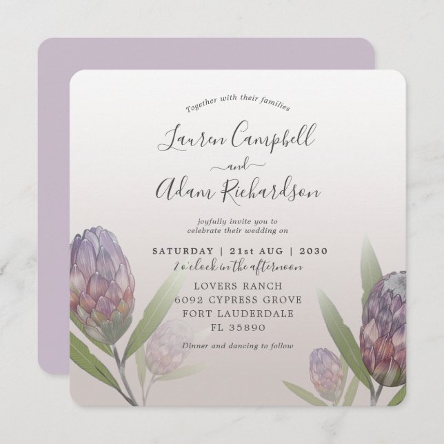 Tropisk Lila Blommigt Watercolor Weddin Inbjudningar (Fram/baksida)