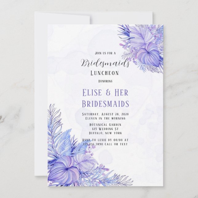 Tropisk Lila Blue Handflatan Löv Bridesmaid Lunche Inbjudningar (Framsida)