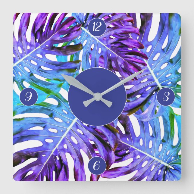 Tropisk Lila Blue Monstera Löv Mönster Fyrkantig Klocka (Framsida)