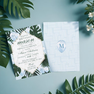 Tropisk Löv bjuder in Marble Blue Birthday Inbjudningar