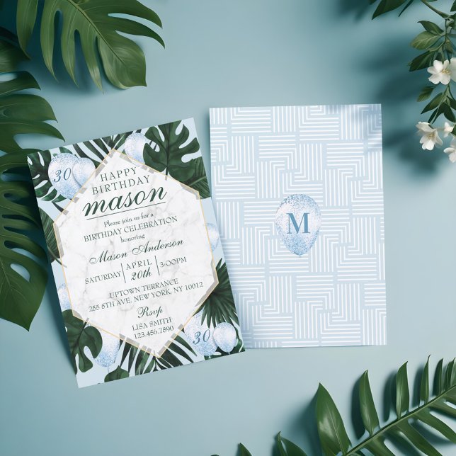 Tropisk Löv bjuder in Marble Blue Birthday Inbjudningar (Tropical Leaves Marble Blue Birthday Invitation)