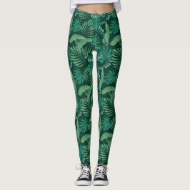 Tropisk lövrik tryckdamaskergrönt leggings