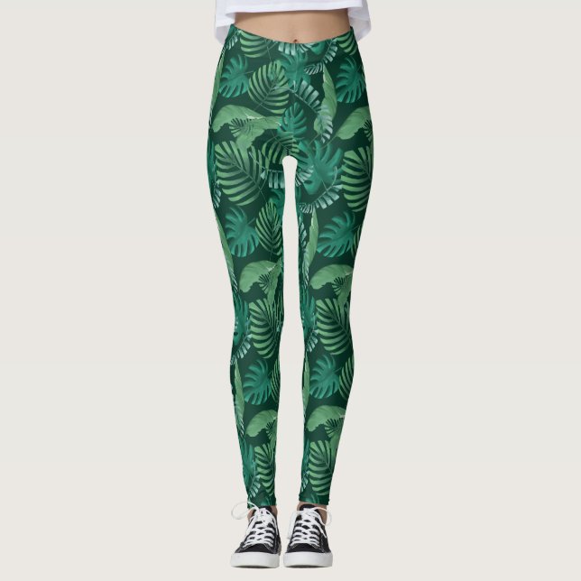 Tropisk lövrik tryckdamaskergrönt leggings (Framsida)