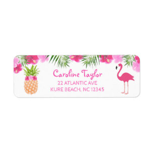Tropisk Luau-Blommigt PIneapple Flamingo födelseda Returadress Etikett