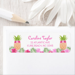 Tropisk Luau-Blommigt PIneapple Girl Birthday Returadress Etikett