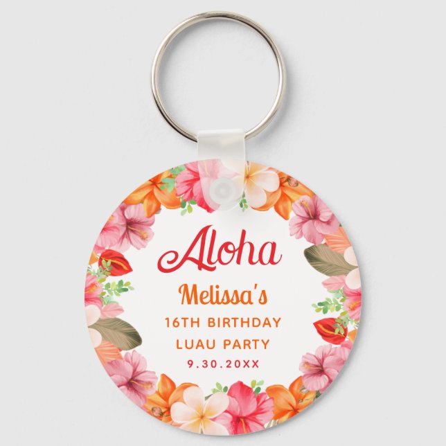 Tropisk Luau Rosa Blommig Födelsedag Nyckelring (Baksida)