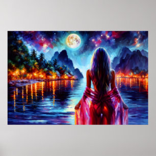 Tropisk månljust fantasikvinna i paradiset poster
