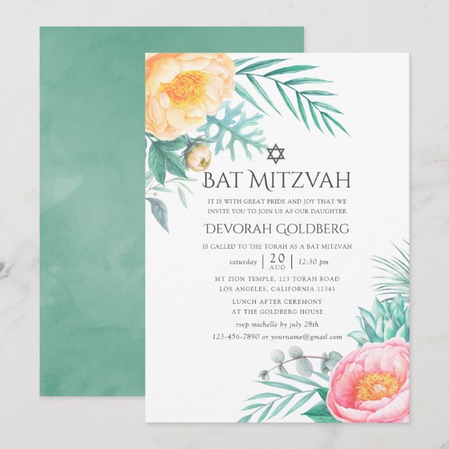 Tropisk Mint Floral Sommar Bat Mitzvah Inbjudningar (Fram/baksida)