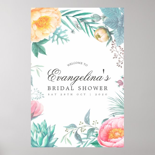 Tropisk Mint Floral Sommar Bröllopsdusch Välkommen Poster (Framsidan)