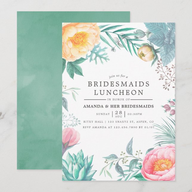 Tropisk Mint Floral Sommar Brudtärna Lunch Inbjudningar (Fram/baksida)