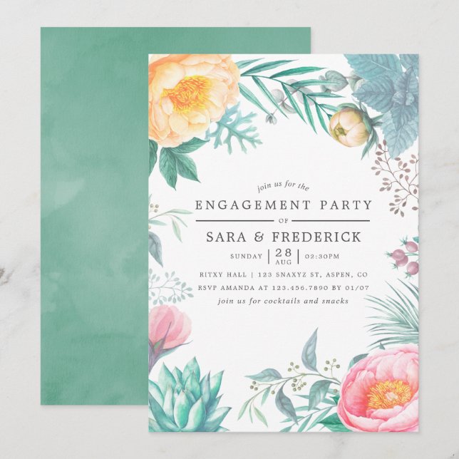 Tropisk Mint Floral Sommarbröllopsfest Inbjudningar (Fram/baksida)