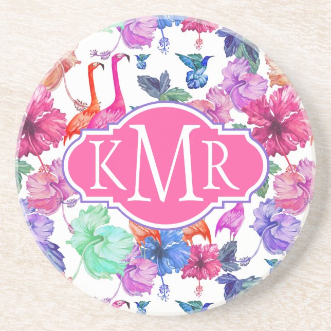 Tropisk Monogram för vattenfärgmönster | Underlägg Sandsten (Framsidan)