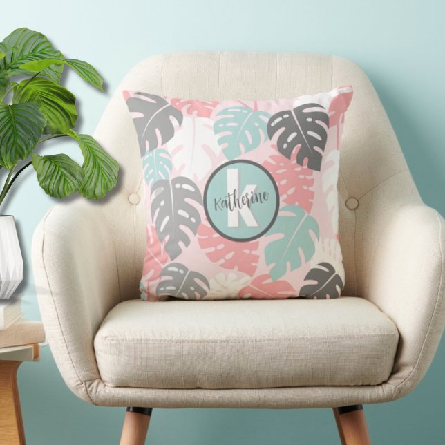 Tropisk Monogram Initial Kudde (Modern Monogram Pink Monstera Leaf Throw Pillow)