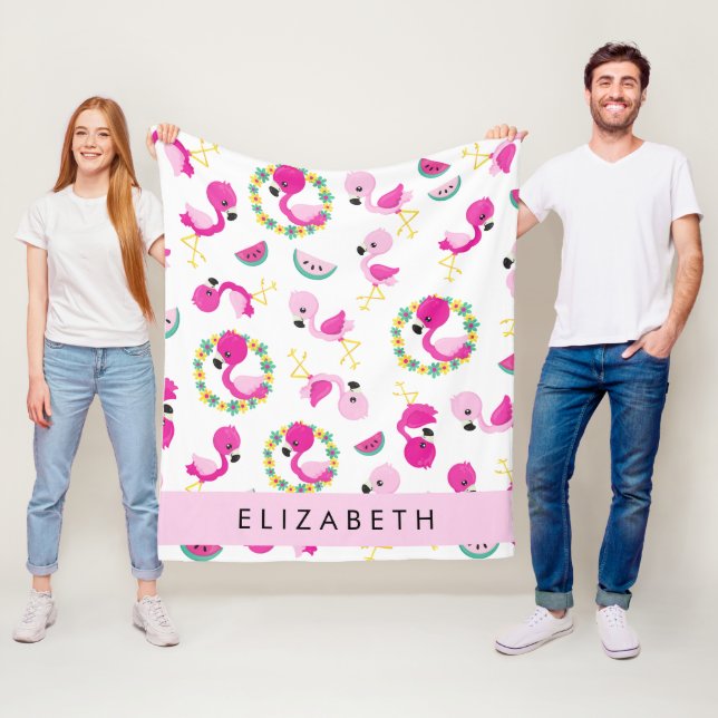 Tropisk Mönster, Flamingos, Blommor, ditt namn Fleecefilt (På plats)