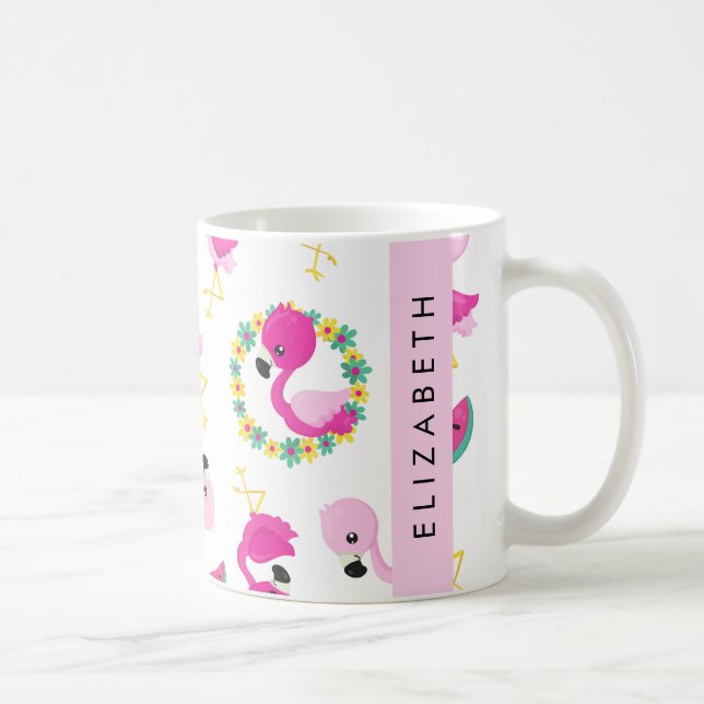 Tropisk Mönster, Flamingos, Blommor, ditt namn Kaffemugg (Höger)