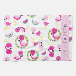 Tropisk Mönster, Flamingos, Blommor, ditt namn Kökshandduk