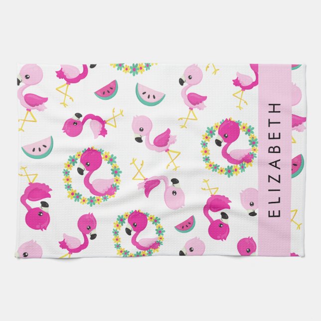 Tropisk Mönster, Flamingos, Blommor, ditt namn Kökshandduk (Horisontell)