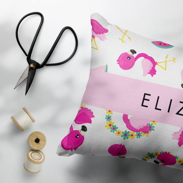 Tropisk Mönster, Flamingos, Blommor, ditt namn Prydnadskudde (Skapare uppladdad)
