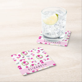 Tropisk Mönster, Flamingos, Blommor, ditt namn Underlägg Papper Kvadrat