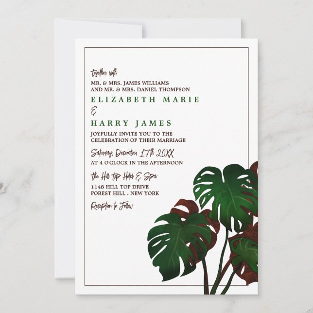 Tropisk monstera Beach Wedding Inbjudningar (Framsida)