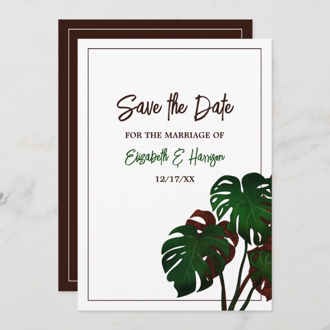 Tropisk monstera Beach Wedding Spara Datumet (Fram/baksida)