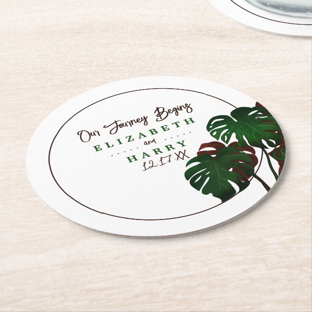 Tropisk monstera Beach Wedding Underlägg Papper Rund (Vinklad)