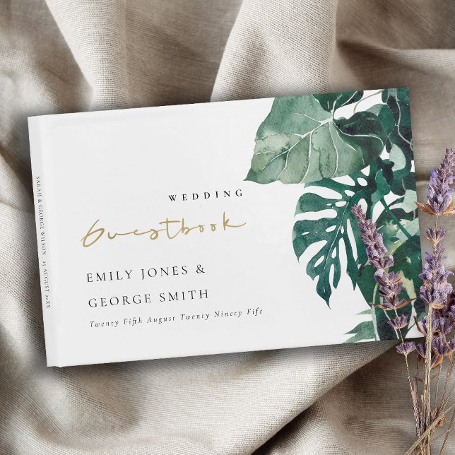 Tropisk monstera Grönt Foliage Leafy Bröllop Gästböcker (Skapare uppladdad)