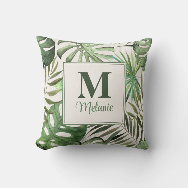 Tropisk Monstera med anpassat namn och initial Kudde (Framsida)