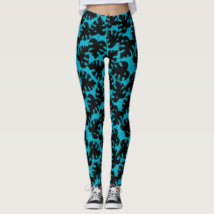 Tropisk monstera mönster i svart och akvblått leggings
