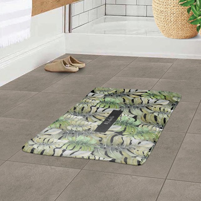 Tropisk Monstera Palm Pastell Monogram Badrumsmatta (Skapare uppladdad)