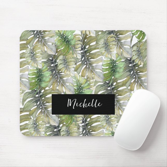 Tropisk Monstera Palm Pastell Monogram Musmatta (Med mus)