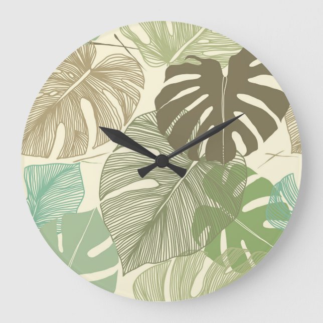 Tropisk monstera Retro Hand-Drawn Mönster Stor Klocka (Framsida)