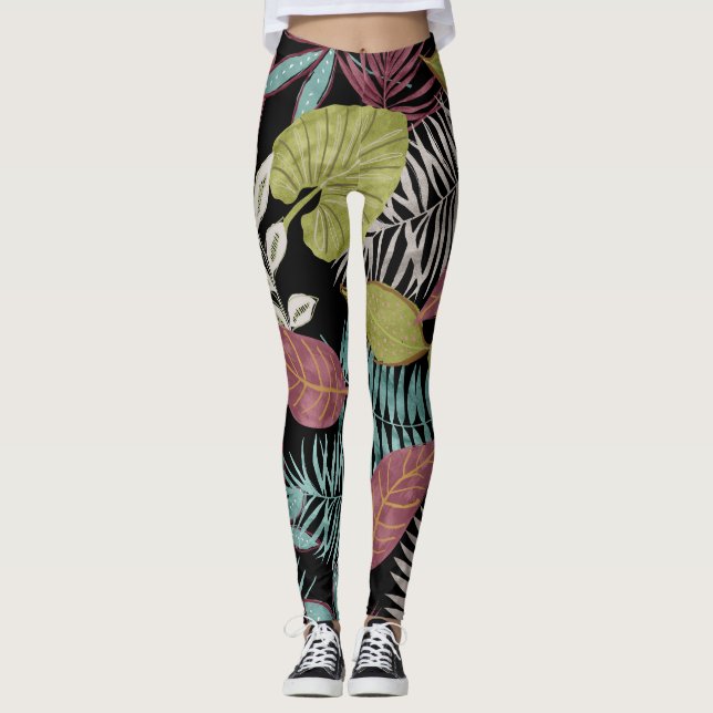 Tropisk Mörk Löv: Textildesign Mönster Leggings (Framsida)