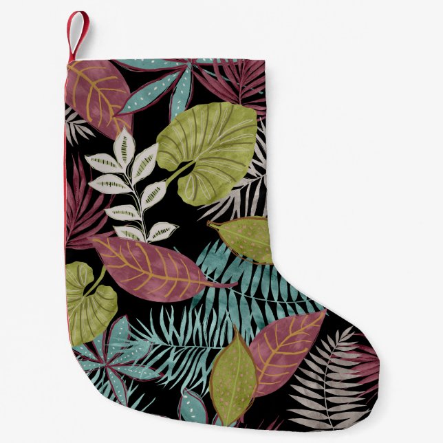 Tropisk Mörk Löv: Textildesign Mönster Liten Julstrumpa (Framsidan)