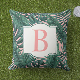 Tropisk Mörk Palmblad Rosafärgad Monogram Initial Kudde