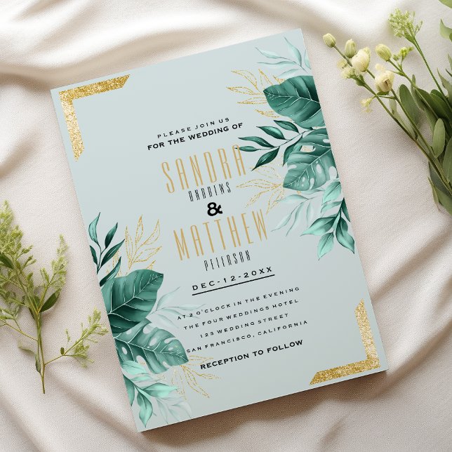 Tropisk mynta grönt guld glitter foliage Bröllop Inbjudningar (Tropical mint green gold glitter foliage Wedding)