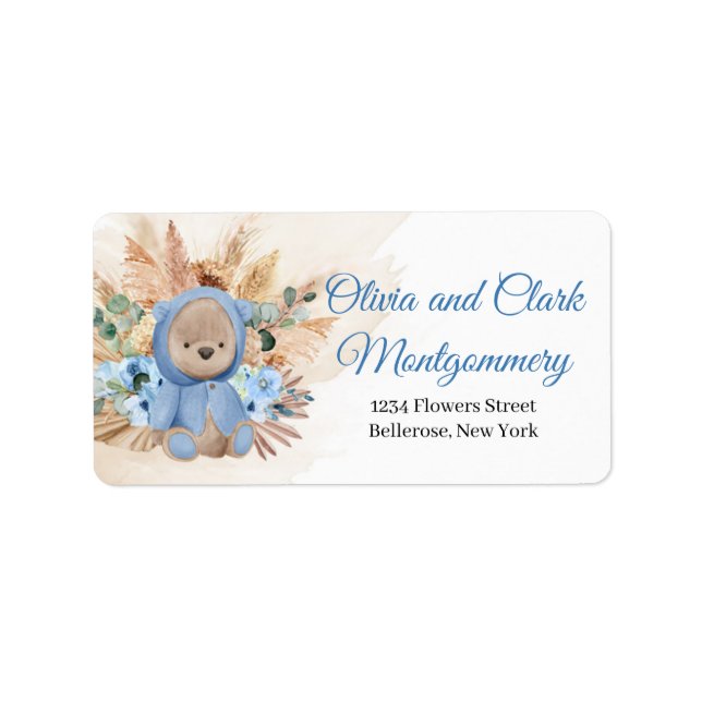 Tropisk nalle blåa blommor torkade pampas i handfl adressetikett (Framsidan)