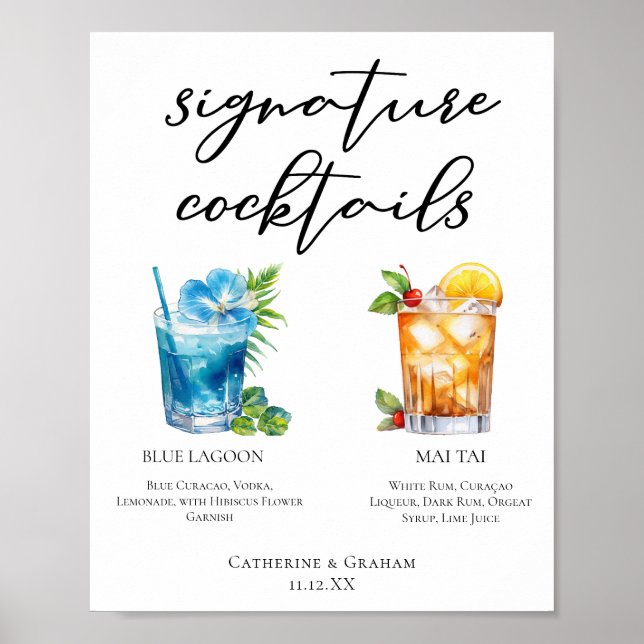 Tropisk Namnteckning Cocktails Bröllop Menu Poster (Framsidan)