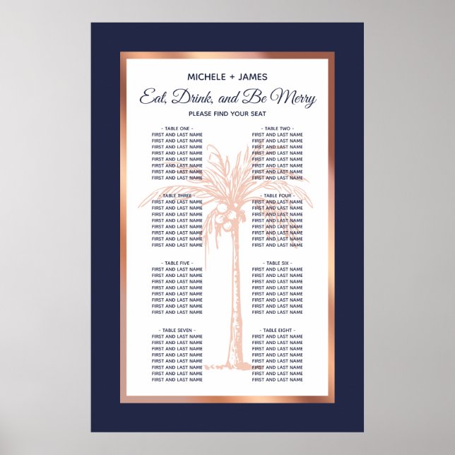 Tropisk Navy Rose Guld Palm Bröllopsställning Poster (Framsidan)