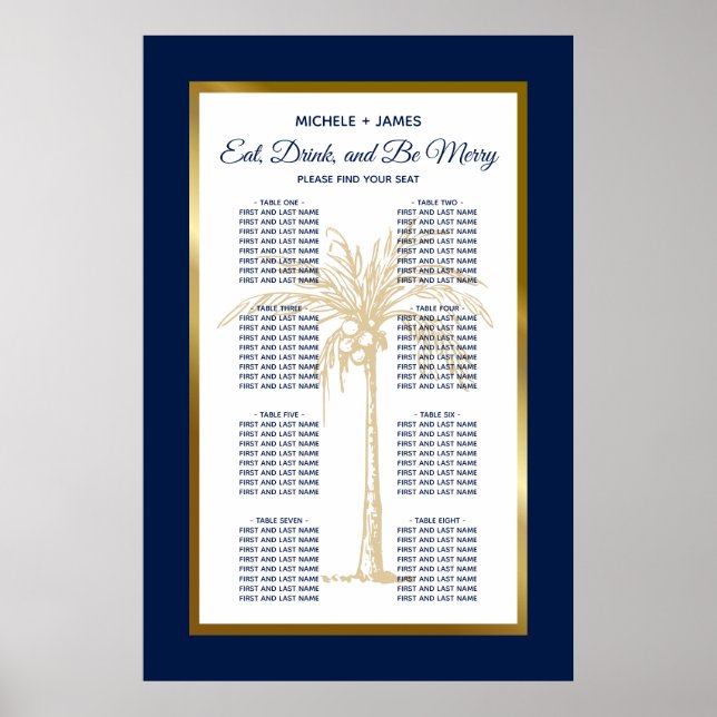 Tropisk Navyblå Guld Palm Bröllopsställningsdiagra Poster (Framsidan)