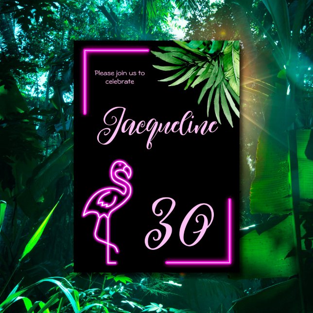 Tropisk neon-rosa flamingo 30års födelsedag inbjudningar (Skapare uppladdad)