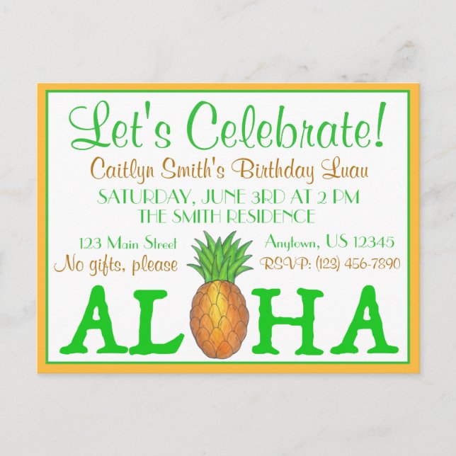Tropisk ö Luau Ananas Hawaii Aloha-fest Inbjudan Vykort (Framsida)