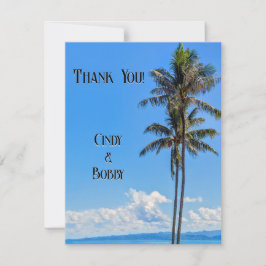 Tropisk ö, palmer, blå hav, bröllopsresa tack kort